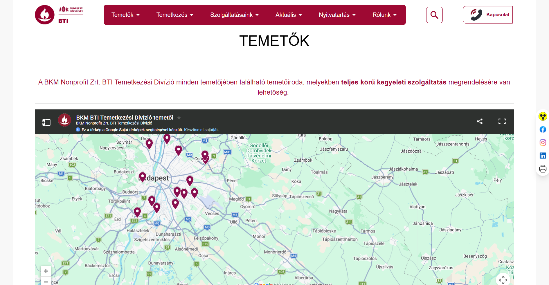 Budapesti Közművek BTI Temetkezési Divízió - Temetőtérkép