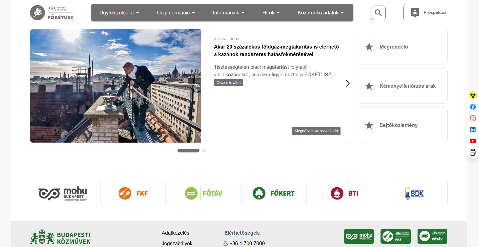 Budapesti Közművek Főkétüsz Divízió weboldal főoldal