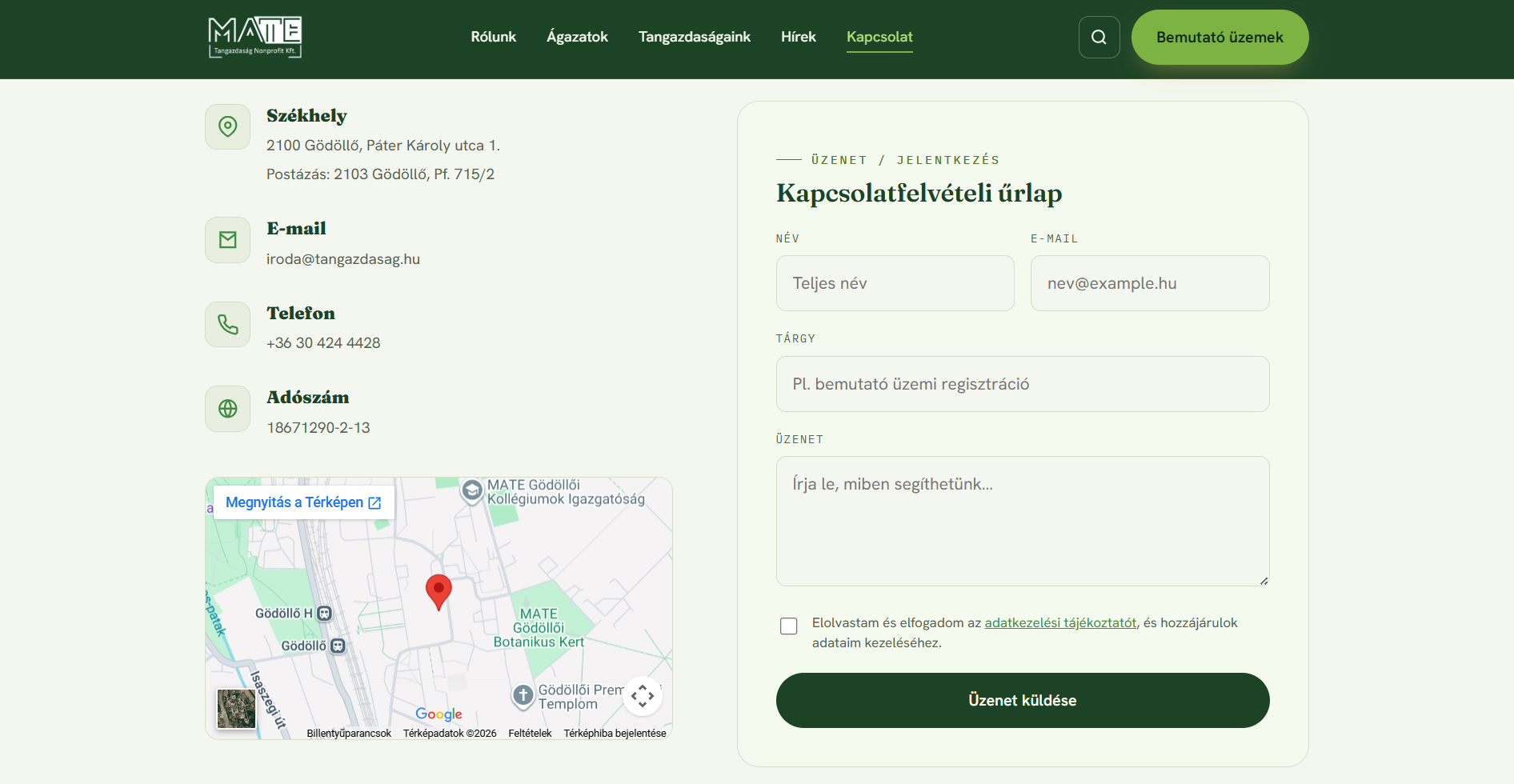 MATE Tangazdaság - weboldal készítés - kapcsolat